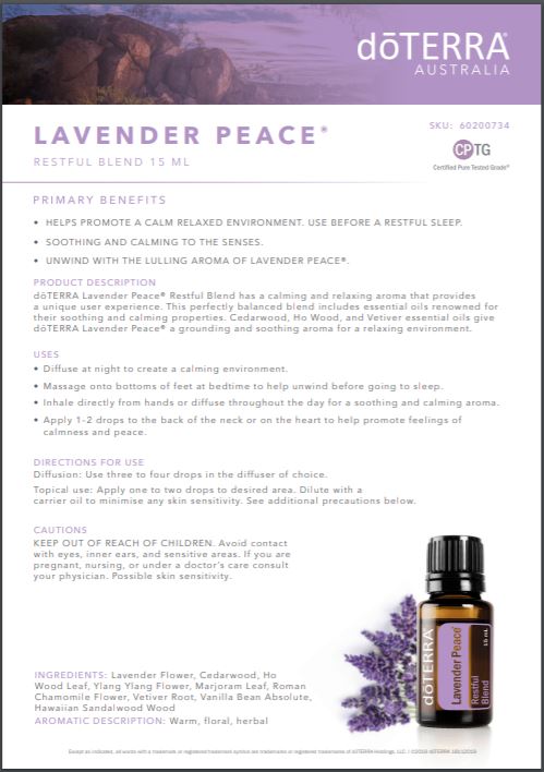 doTERRA Lavender Peace product brochure on how to use Lavender Peace